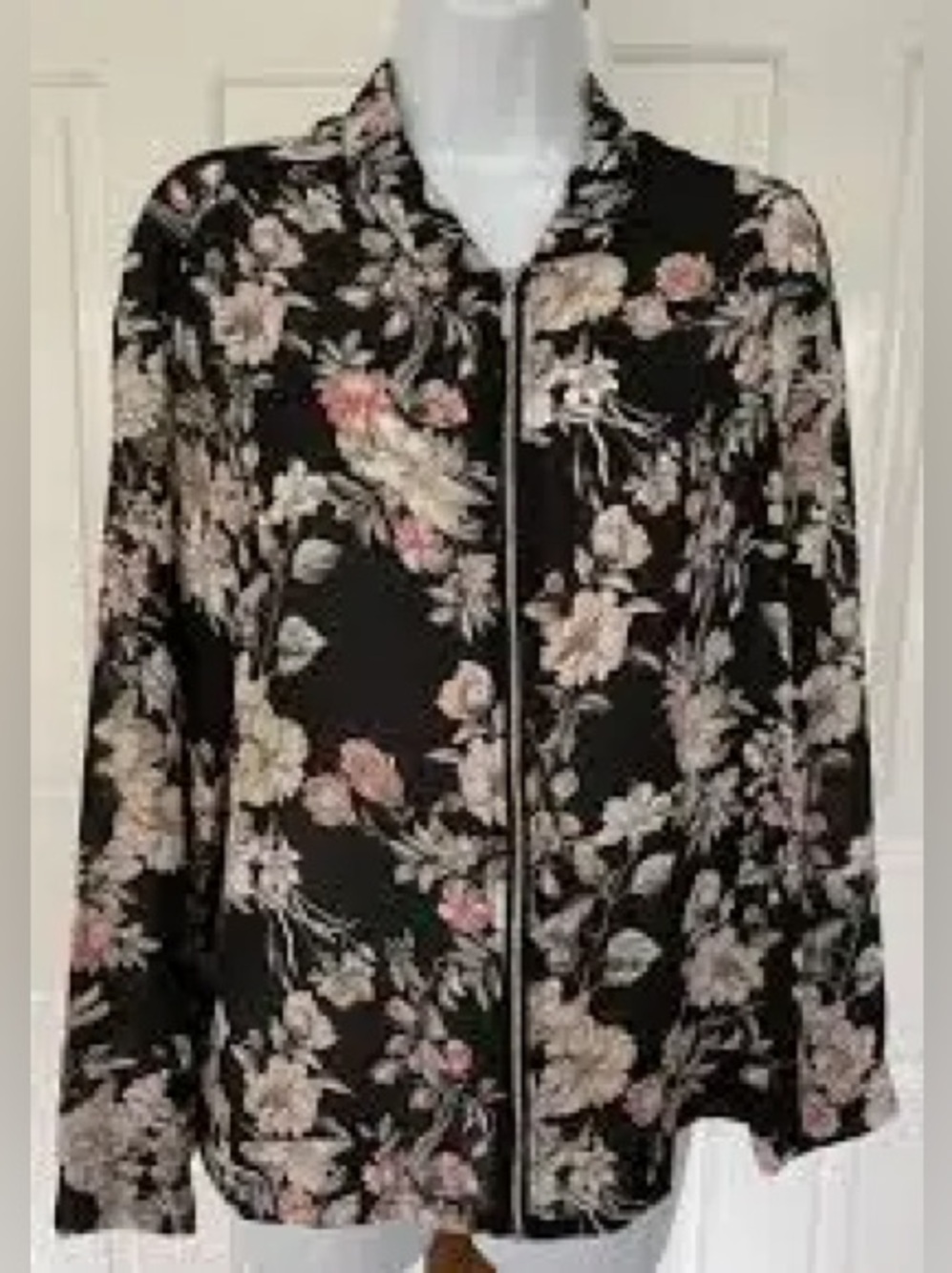 Chenault: XL, floral Zip-Front Jacket - Black with Pink & Cream Flowers